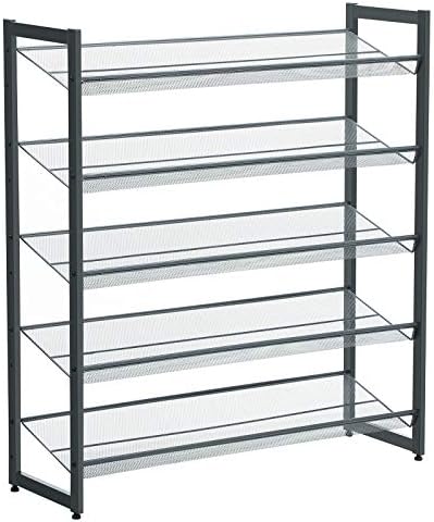 Rack de sapatos canções, prateleira de armazenamento de sapatos empilhável de 5 camadas, malha de metal, rack de organizador de calçados planos ou ângulos para 20 a 25 pares de sapatos, botas curtas, saltos altos, cinza