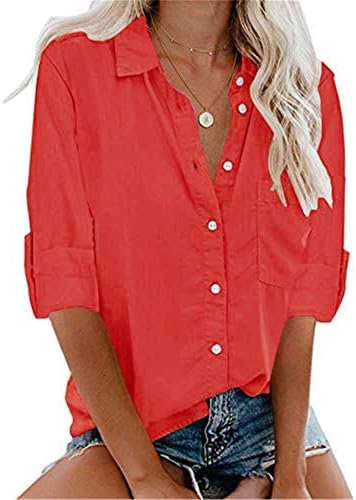 Andongnywell Women Butrow Down Bouse Shirts Slave Casual Casual Tops soltos com bolsos Camisas de blusa Túnica