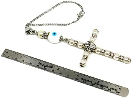 [Designs espirituais feitos à mão] Proteção do Eal Eye Cross Cross Car Mirror Vista pendurada Charme, Blue Glass Religied