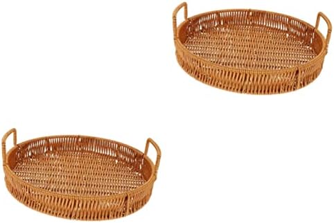 Cabilock 2pcs imitação cesta de armazenamento cesto redonda bandeja de vime bandeja de café redonda bandeja de capa redonda bandeja de bandeja de casca de casca de jóias rústicas bandeja de pão de pão