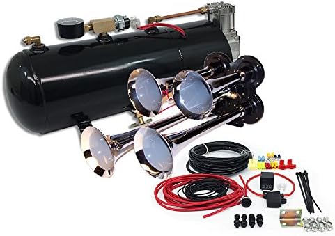 4 Kit de chifre de ar de trompete - se encaixa em quase qualquer veículo: caminhão, carro, jipe ​​ou SUV. Inclui quatro trombetas cromadas com sistema de ar all-in-one: 110 psi, compressor de ar de 12 volts, tanque e muito mais. Kit completo