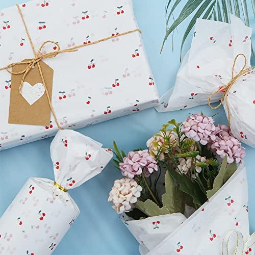 Papel de seda de cerejeira para sacos de embrulho de presente, 20 x 28 por lençol, design de frutas de verão, papel de lenço de lenços de lenços para papel de embalagem DIY FEVERAÇÃO DE FERRAMENTO DE Holiday Artesanato