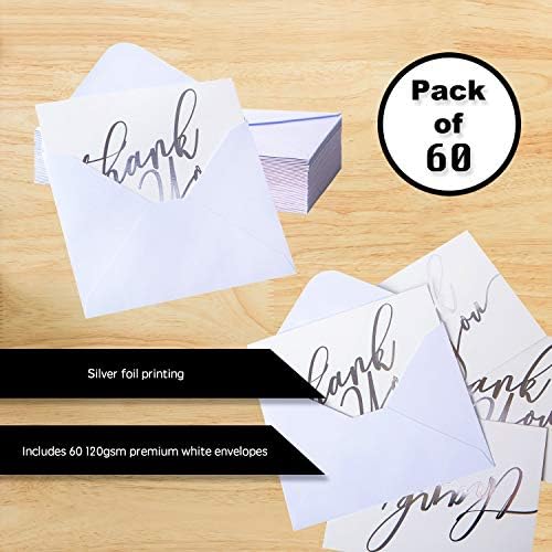 60 Pack Silver Agradecendo cartões -elegantes cartões com '' obrigado '' 'em relevo em cartas de prata -chuveiro