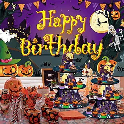Suporte de cupcake de Halloween, suprimentos de festas de Halloween, decorações de feliz aniversário para crianças adultos, exibição de truques ou travessuras, exibição de alimentos de Halloween Stand Stand, azul
