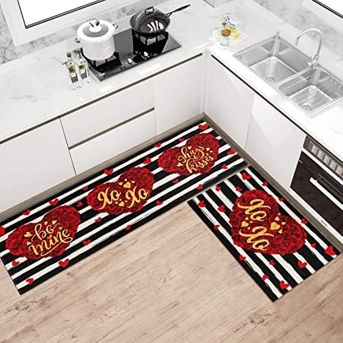 Ideasonna Valentine Kitchen Rugs Conjuntos de 2 tapetes de cozinha do dia dos namorados preto e branco Lançamento