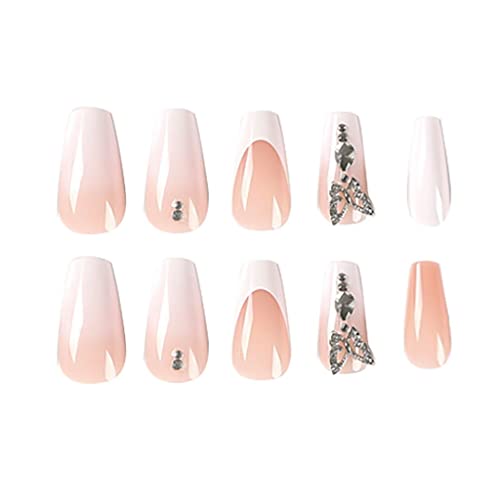 Rikview White Press On Nails Medium Nails French Acrylic Unhas com Butterfly Design Coffin Press