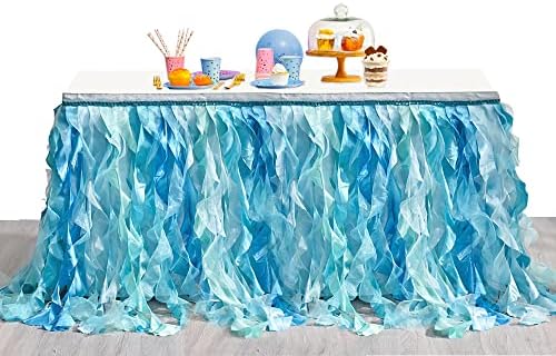 Saia de mesa azul de 6 pés de 6 pés para mesa de retângulo, saia de mesa de Willow Tutu Curly, toalha de mesa de babado azul para a festa do oceano do mar, H 30in)