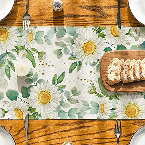 Modo Artóide Daisy Eucalyptus Flowers Summer Table Runner, decoração sazonal de mesa de jantar de cozinha de primavera para decoração de festa em casa 13x72 polegadas