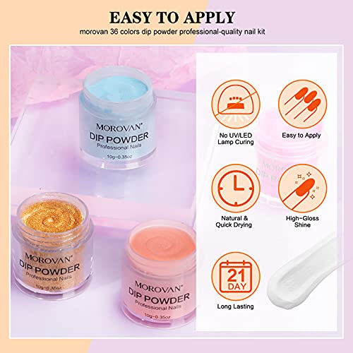 Morovan Dip Powder Nail Kit Starter - 36 cores Dipa em pó puro Glitter Dip Powder Powder Powder Powder for Dip Nails Beginners Diy Conjunto