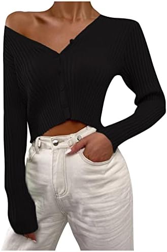 Pullover de skatista de colheita para mulheres de manga longa cair simples pulôver simples estiramento confortável jersey buttle