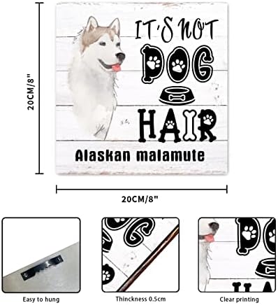 Evans1nism não é cabelo para cachorro Alaskan Malamute Dog Sinais de madeira de madeira animal pendurar parede sinal de fazenda decoração de parede decoração de parede moderna para casa para casa de lavanderia sala de estar quarto 8x8in