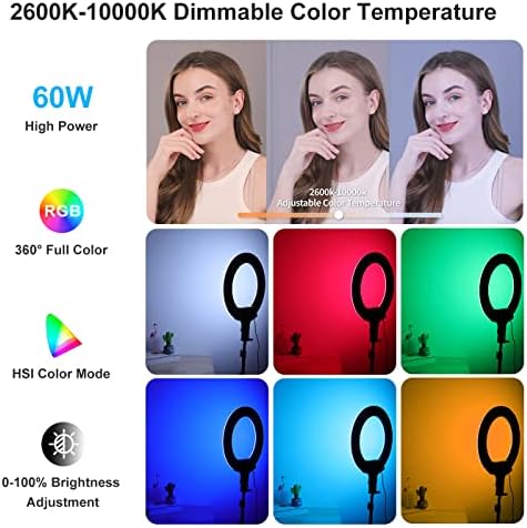 Ordro RGB Ring Light Kit 16 '' Bi-colorido Dimmível 60W 2600K-1200K CRI 95+, App Controle de aplicativo Alteração