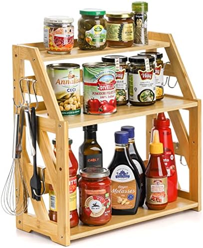 Bekith 3 Bambu Spice Rack Prateleiras, organizador de bancada de cozinha com ganchos, prateleira de despensa, estante de mesa ajustável para a vaidade para quarto, banheiro e escritório, montagem fácil