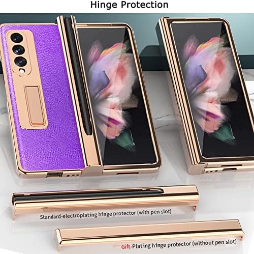 Caixa de ouro de luxo compatível com Ninki para Samsung Galaxy Z dobra 3 estojo com capa de dobradiça de caneta S, estojo de couro com tela de protetor de tela frontal para Samsung Galaxy Z Fold 3 5g Case com Kickstand