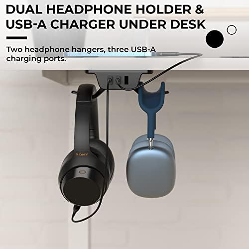 Gancho Hancentric e cabide de fone de ouvido de carga com carregador USB, sob a montagem do fone de ouvido + suporte de fone de ouvido, acessórios de cobrança com 3 portas USB A, fones de ouvido de gancho no gancho da mesa do fone de ouvido, preto