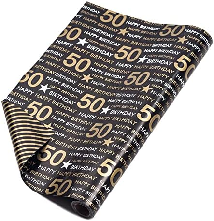 RUSPEPA ROLO DE PAPEL REVERSÍVEL REVERSÍVEL - Padrão de preto e ouro de 50 anos, ótimo para aniversário, festa, chá de bebê - 17,5 polegadas x 32,8 pés