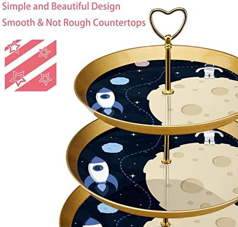 3 Placa de fruta de cupcake de 3 camadas de sobremesa Plástico para servir suporte de exibição para casamento de aniversário Decorações de chá de chá de chá de bebê redondo, fundo espacial de lua fundo
