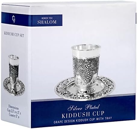 BOKER -TOV SHALOM Silver Plated Kiddush Cup - Copo premium de vinhos Kiddush e pires para Shabat, Havdalah, Páscoa - Judaica Shabbos e presente de férias
