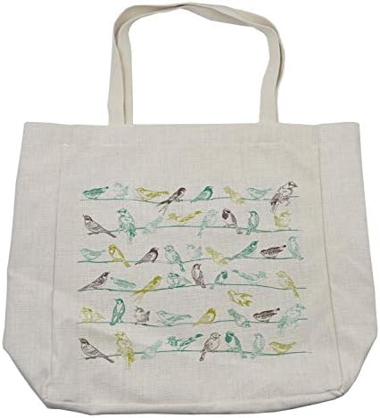 Bolsa de compras de Ambesonne Birds, vários tipos de pássaros sentados e cantando em fios criaturas musicais impressas, bolsa reutilizável ecológica para a praia de mantimentos e mais, 15,5 x 14,5, creme