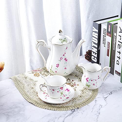 Fanquare 21 peças de chá de porcelana Conjunto para adultos, serviço de café para 6, festa de chá branco com flores rosa, borboletas