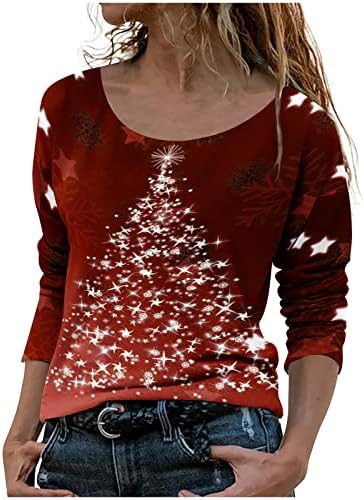 Camisetas de pescoço da tripulação da Borgonha para mulheres de manga comprida gradiente de estrela árvore gráfica festival de túnica de túnica de Natal Tee adolescente