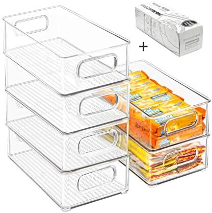 Lixeiras organizadoras de geladeira empilhável, 6 embalagens de cozinha clara de lixeiras de recipientes com alças e 20 PCs