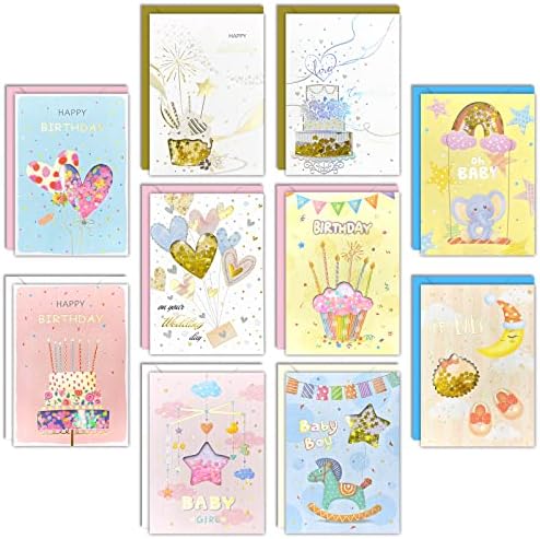 Dwiyittn Caixa de variedade de cartões de felicitações, 48 ​​cartões variados com envelopes todas as ocasiões de cartões pop -up, aniversário, casamento, parabéns, obrigado, chá de bebê, simpatia, diariamente, pensando em você