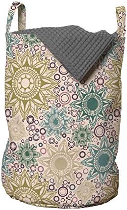 Bolsa de lavanderia de Mandala de Ambesonne, padrão floral oriental com círculos inspirações médias de fundo, cesta de cesto com alças fechamento de cordão para lavanderias, 13 x 19, multicolor