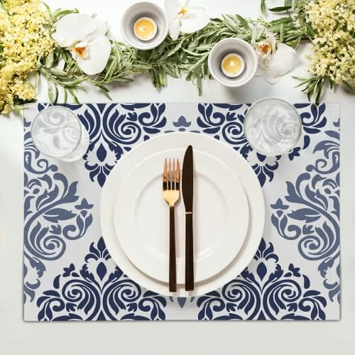 Navy Blue Damask Pattern Placemats Geométrica Floral Placemats Conjunto de 4 tapetes de linho de linho da bohemia vintage para a cozinha da mesa de jantar de cozinha Tamanho da decoração de casa 12x18 polegadas