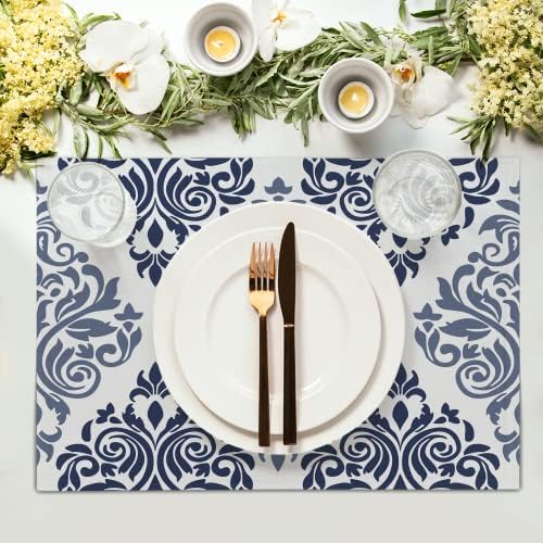 Navy Blue Damask Pattern Placemats Geométrica Floral Placemats Conjunto de 4 tapetes de linho de linho da bohemia vintage