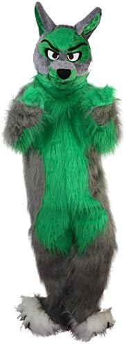 Cabelo longo, traje de lobo verde mascote de desenho animado adulto vestido de fantasia cosplay