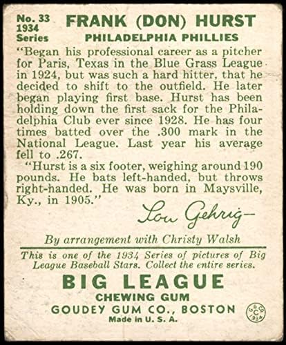 1934 Goudey 33 Don Hurst Philadelphia Phillies Fair Phillies