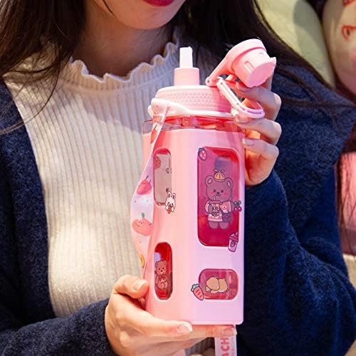 Kawaii Water Bottle for Girls fofas de água fofas com garrafa de bebida quadrada de palha, jarro de água à prova de vazamentos