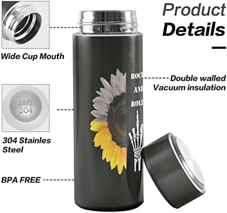 Cataku Small Water Bottle 12 oz, garrafa de água isolada preta do crânio de girassol para o chá de chá de café aço inoxidável