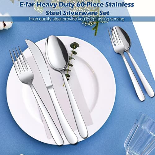 Talheres pesados ​​para 12, conjunto de talheres de talheres de aço inoxidável de 60 peças, utensílios de mesa de mesa de metal pesados, utensílios de alimentação para casamentos em restaurantes, espelhos polidos e lava-louças seguros