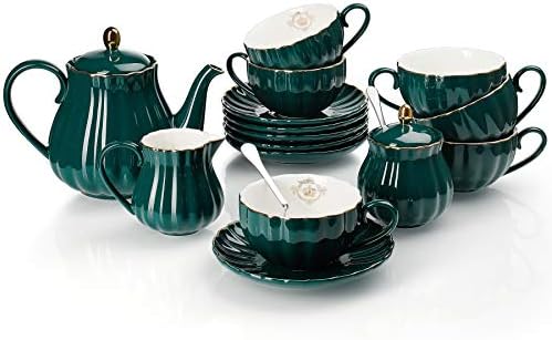 AmazingWare porcelana Conjunto de chá - xícara de chá e pires Set Service para 6, com 28 onças de beliscão de beliscão de chá de açúcar belas e filtro de chá - para ação de graças - forma de abóbora, verde escuro verde escuro