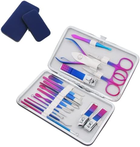 Conjunto de manicure de gradiente azul e roxo, conjunto de cuidados pessoais, conjunto de cortadores de unhas, ferramentas de unhas com bolsa de viagem de luxo, presente para homens e mulheres familiares e amigos, 18 peças