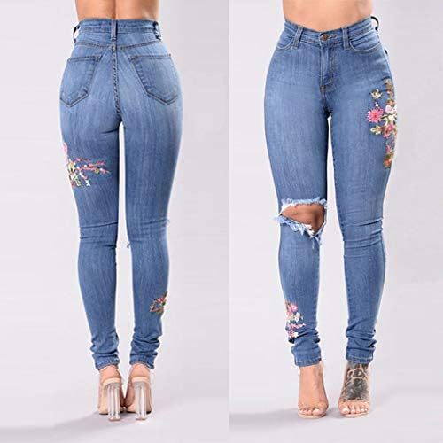 Lariau jeans skinny para mulheres bordadas Botão de bolso esbelto High Botão Y2K calça jeans de jeans
