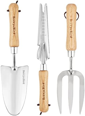 Berry & Bird 3pack Jardining Hand Tool Set- Kit de ferramentas de jardim de aço inoxidável inclui mato de madeira, garfo de mão