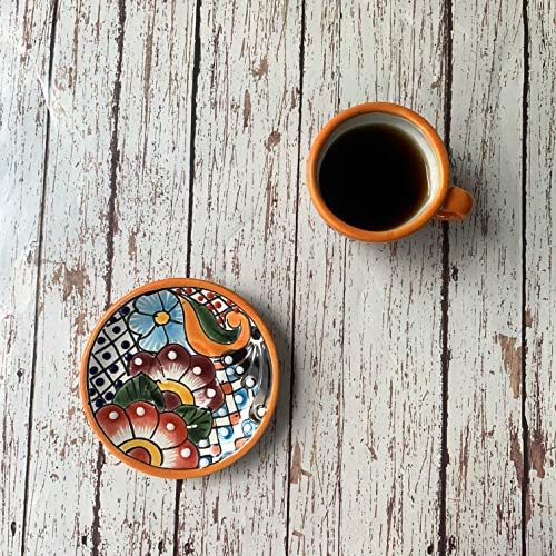 A Casa Fiesta projeta xícara de café e pires, copo e prato de cerâmica de Talavera mexicana autênticos - 2 oz - feitos no México, Multicolor de Espresso pintado à mão