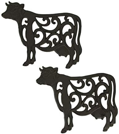 Vaca de ferro fundido marrom trivets de rolagem floral conjunto de 2