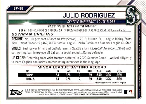 2021 Bowman Prospects BP-86 Julio Rodriguez Seattle Mariners Baseball Card