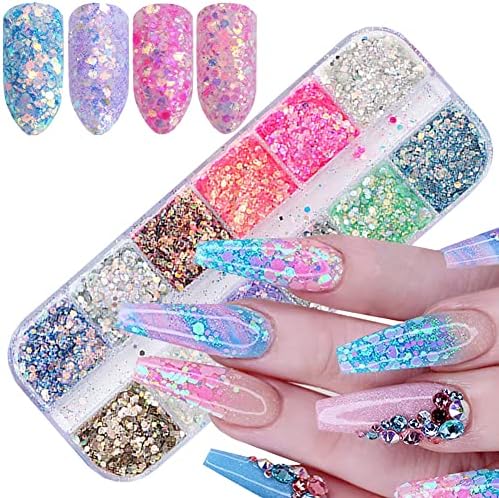 12 Cores Glitter Nail Art Liginas, Designs de flocos de unhas brilhantes holográficos, laser 3D Ultra-fino de acrílico