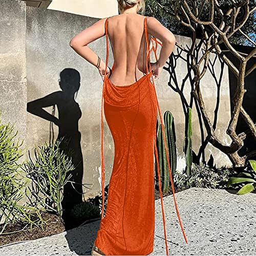 Vestido de corpo sexy de lmdudan feminino flaghetti tiras de vestido longo sem costas Moda de moda sólida cor de ajuste slim mangas
