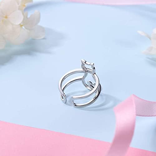 Silvercute Women Cat Ring 925 Sterling Silver 18k Gold Gato na Lua Anel de invólucro fofo ajustável