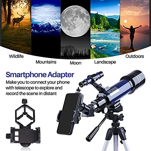 Telescópios para adultos de astronomia, Telescópio de refrator focal de abertura de 70 mm de 400 mm para crianças, telescópio portátil com adaptador de telefone do tripé de mochila