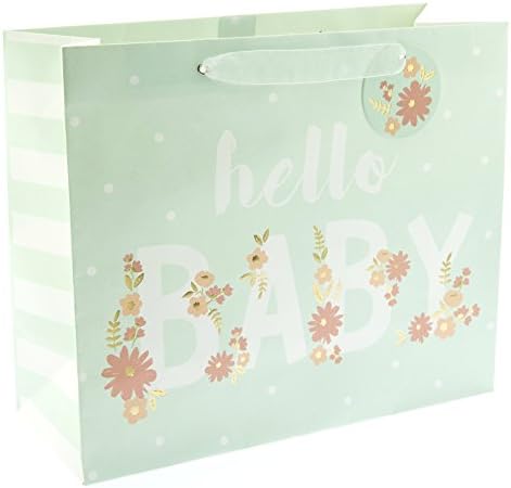 Gáphique Hello Baby Blue Grande Bolsa de Presente - Folha de ouro embelezada floral Hello Baby Bolsa, alças de fita branca de