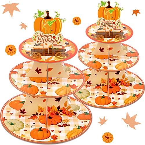 Suclain 2 conjuntos de abóbora 1ª decorações de aniversário suprimentos de 3 camadas de outono de abóbora de papelão cupcake