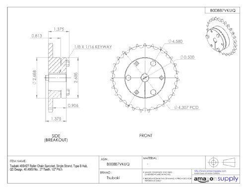 Tsubaki 40sh27 Roller Chain Sprocket, fita única, design de QD, bucha sh, 27 dentes, 20 Ansi No., Pitch de 1/2