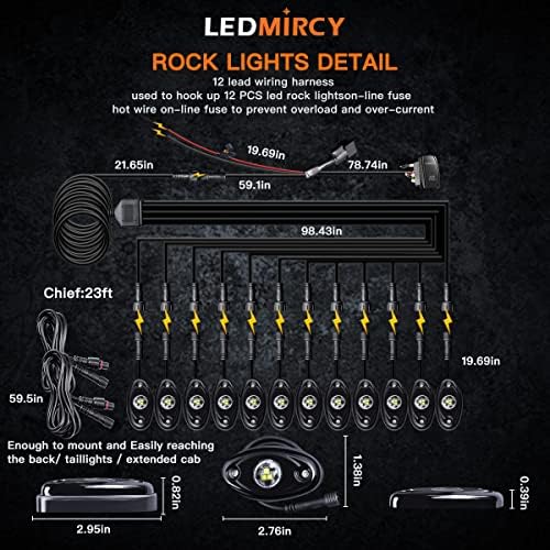 LEDMircy R1 White LED Rock Lights Kit 12pcs com chicote de fio de interruptor Roker para caminhões fora da estrada